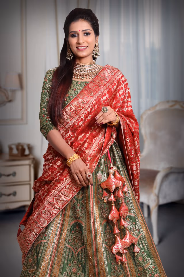 Green multi colour banarasi jarkan work lehenga — rent in Bangalore