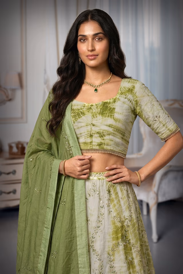 Green Tie-Dye Lehenga with Golden Beadwork and Tassel Blouse — rent in Bangalore