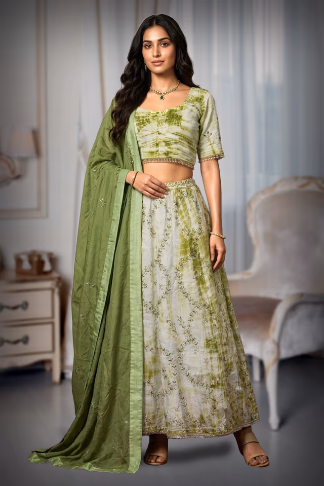 Green Tie-Dye Lehenga with Golden Beadwork and Tassel Blouse — back view, rent in Bangalore