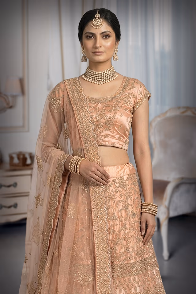 Gulnoor Peach Embroidered Zari Lehenga Set With Net Dupatta — rent in Bangalore