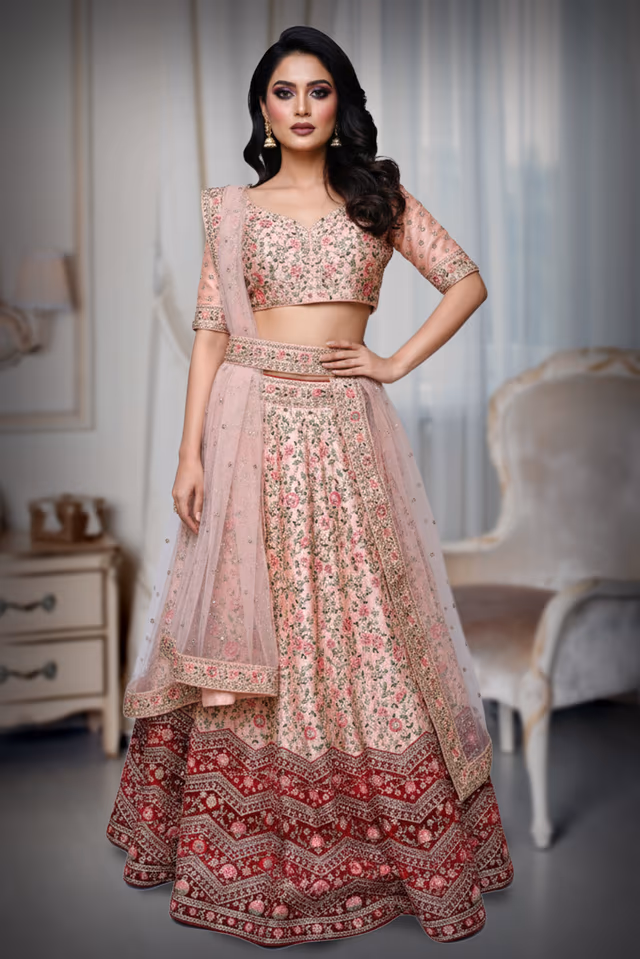 Hand made Zardosi work in the shade of peach — back view, rent in Bangalore