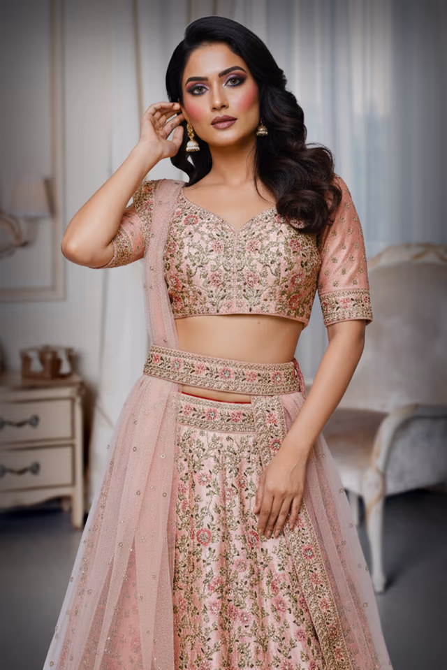 Hand made Zardosi work in the shade of peach — rent in Bangalore