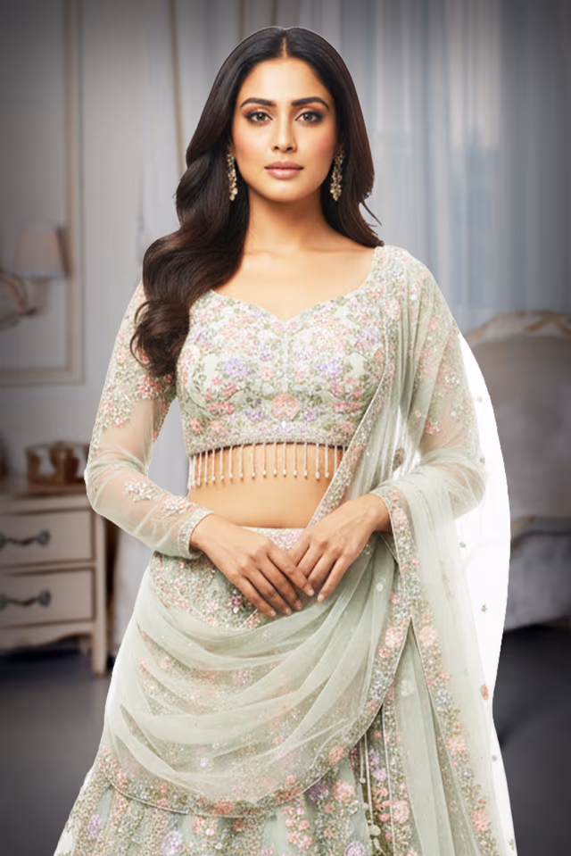 Heavy Hand worked Pastel Green Lehenga along with the dhuppatta and heavy Skirt — rent in Coimbatore