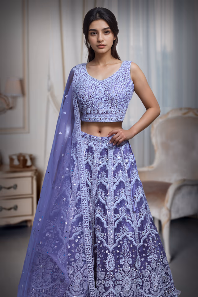 Heather Purple Crop Top Lehenga With Detailed Hand Embroidery And Stone Work Details With Same Color… — rent in Bangalore