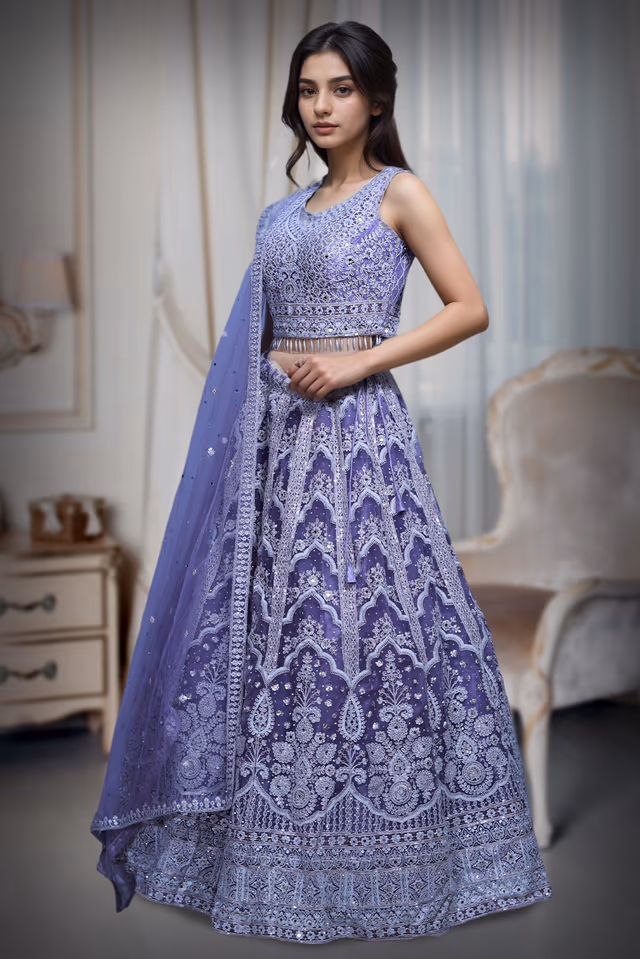 Heather Purple Crop Top Lehenga With Detailed Hand Embroidery And Stone Work Details With… — back view, rent in Bangalore