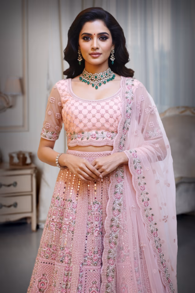 Heavily Embellished Net Lehenga Skirt with Dense Mirror and Thread Work — rent in Kochi