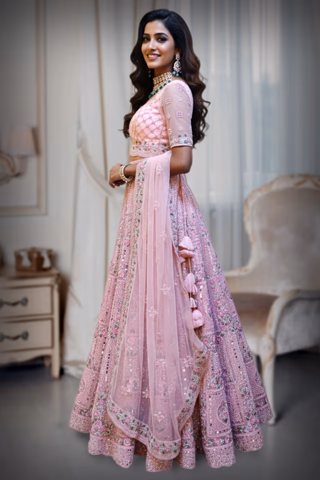 Heavily Embellished Net Lehenga Skirt with Dense Mirror and Thread Work — back view, rent in Kochi