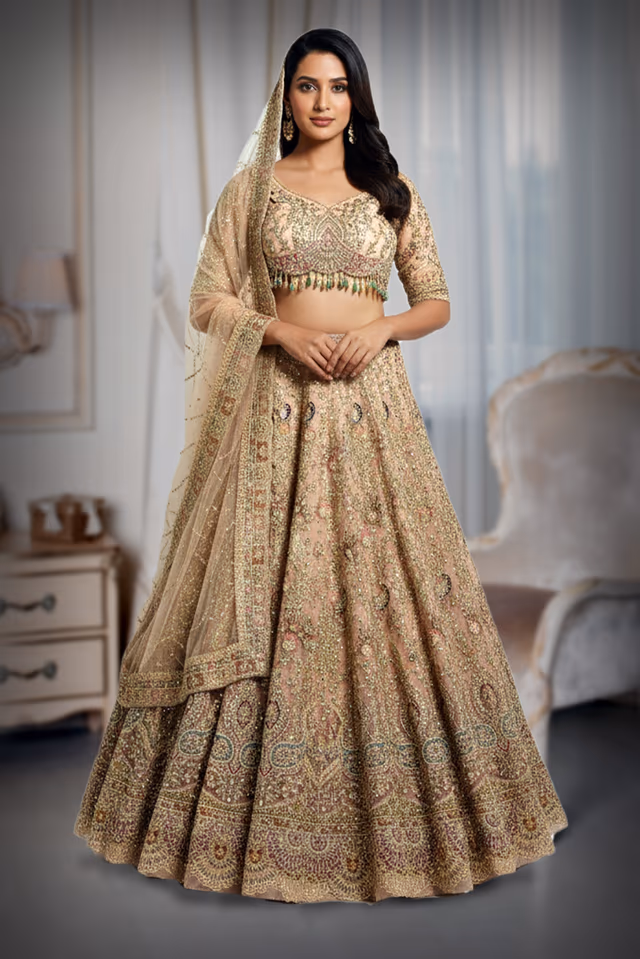 Heavily Embellished Rose-Pink Net Lehenga with Hand-Embroidered Scalloped Choli and Tassel Detail. — back view, rent in Kochi