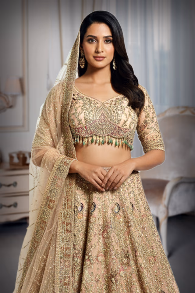 Heavily Embellished Rose-Pink Net Lehenga with Hand-Embroidered Scalloped Choli and Tassel Detail. — rent in Kochi