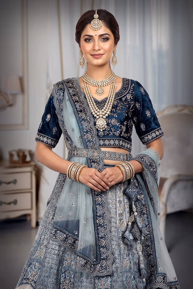 Traditional, heavily embroidered blue lehenga choli — rent in Bangalore