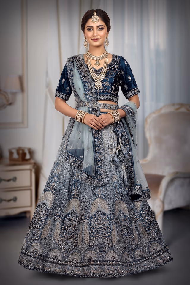 Traditional, heavily embroidered blue lehenga choli — back view, rent in Bangalore