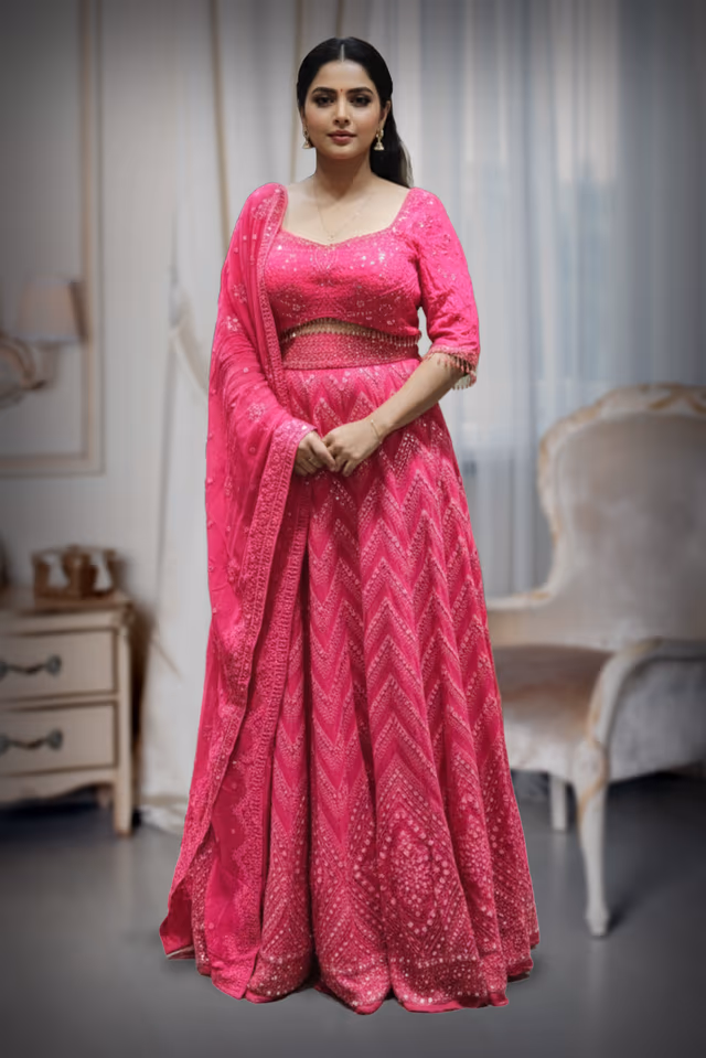 Hot Pink Silk Lehenga with Zig-Zag Sequin Embroidery and Pearl Fringe — back view, rent in Kochi