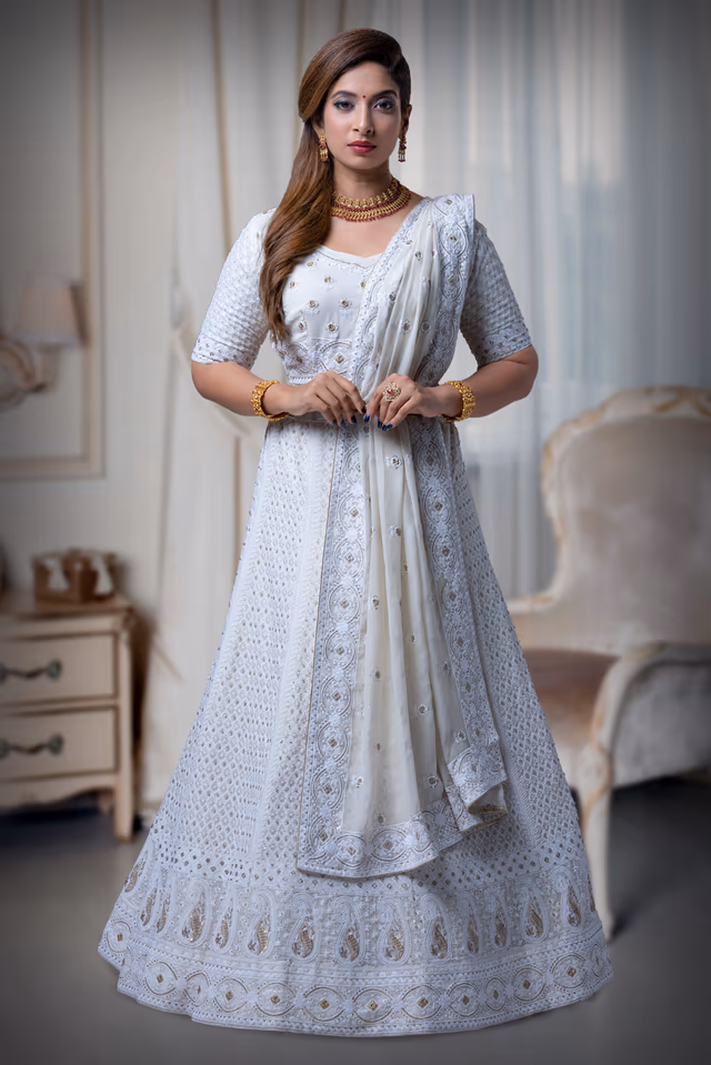 Ivory Chikankari Work Lehenga — back view, rent in Calicut