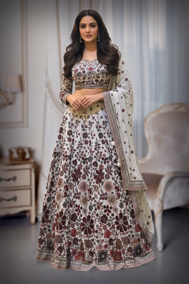 Ivory & Crimson Hand-Embroidered Floral Silk Lehenga Choli — back view, rent in Kochi