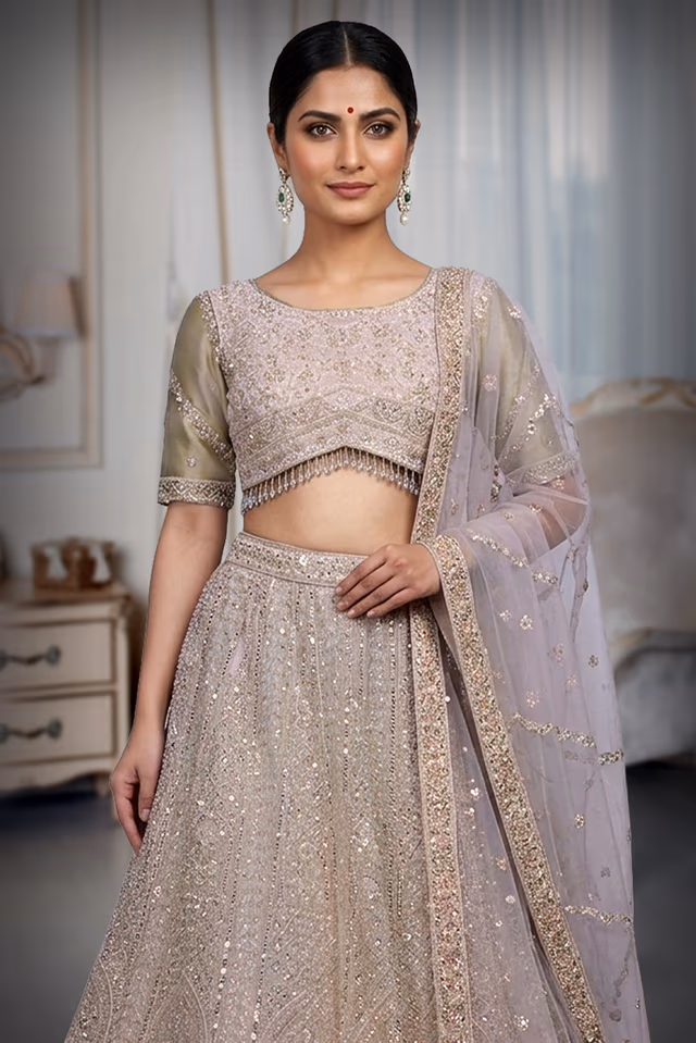Ivory Heavy Embellished Bridal Lehenga With Golden Stone Details On Skirt , Crop Top And Dupatta — rent in Calicut