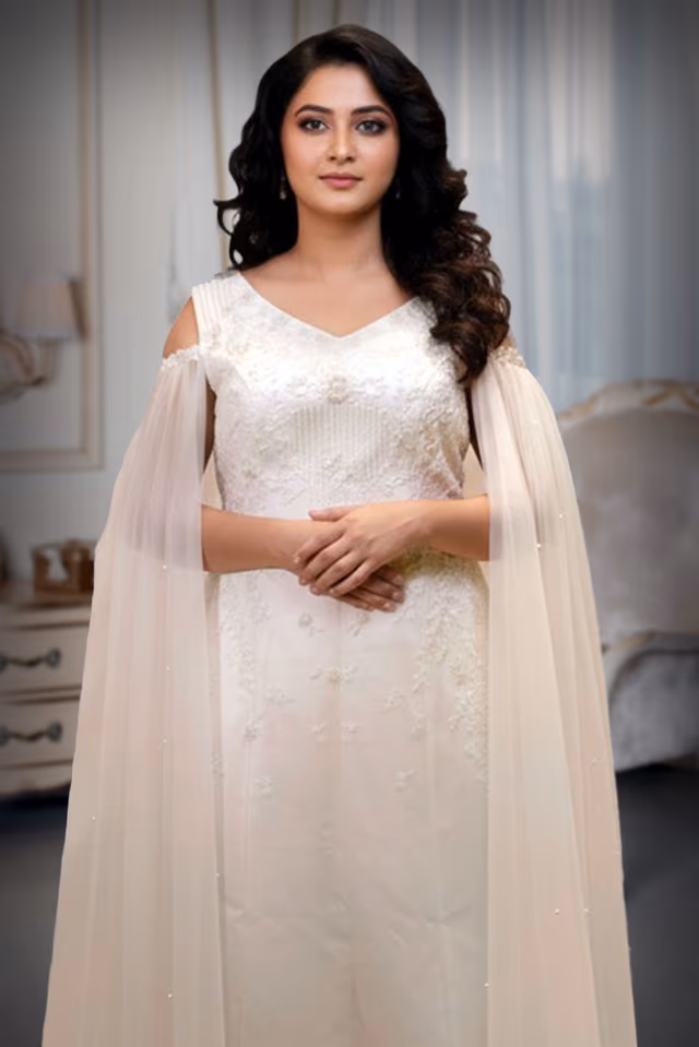 Ivory Embroidered Gown with Draped Net with water sleeve — rent in Kochi