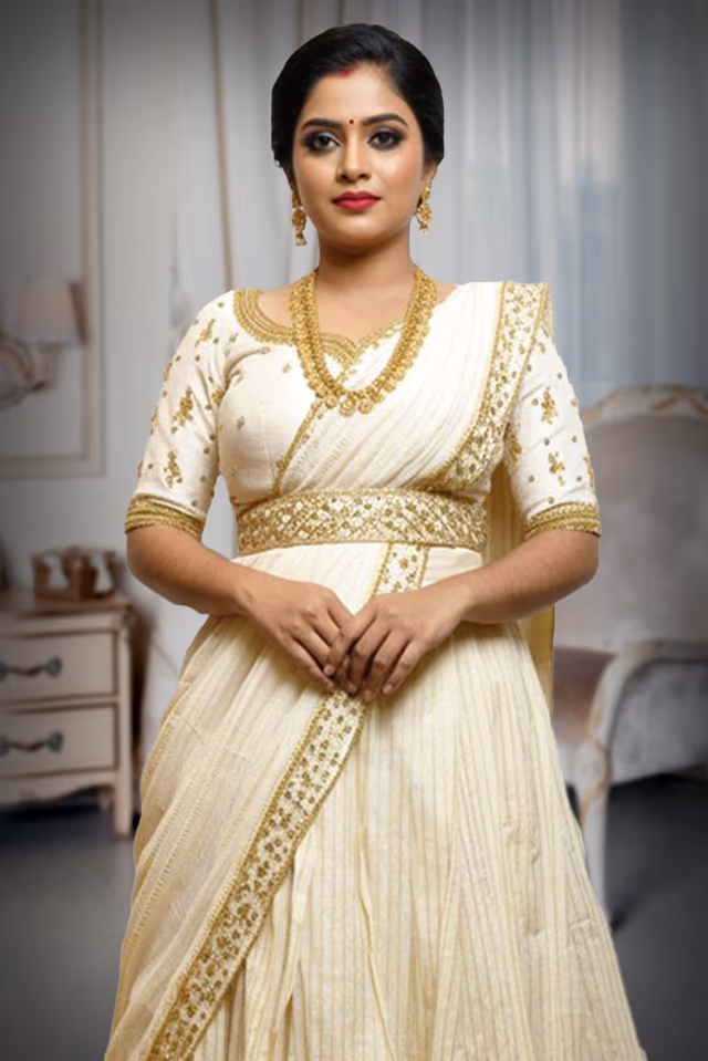 Ivory and Gold Silk Lehenga with Handworked Blouse & Dupatta — rent in Kochi