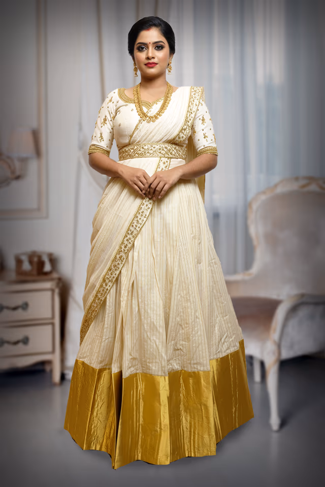 Ivory and Gold Silk Lehenga with Handworked Blouse & Dupatta — back view, rent in Kochi