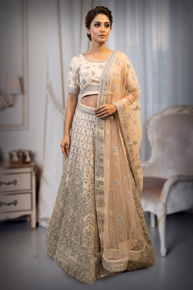 Ivory Netted heavy Thread worked with Mirror work Lehenga along with mirror worked dhuppatta — back view, rent in Coimbatore