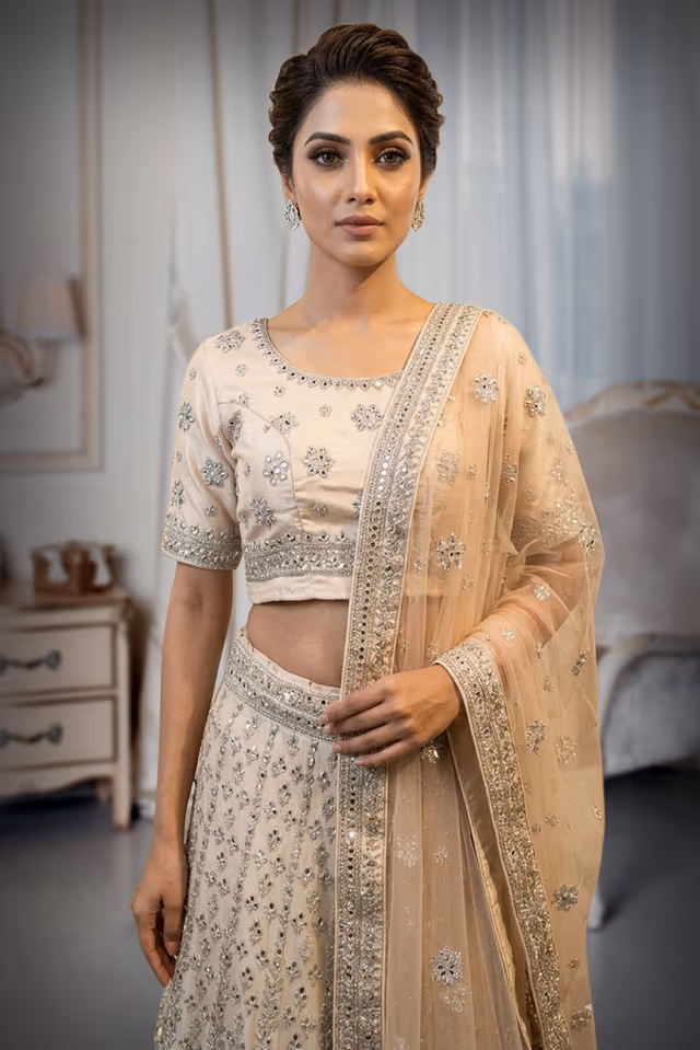 Ivory Netted heavy Thread worked with Mirror work Lehenga along with mirror worked dhuppatta — rent in Coimbatore