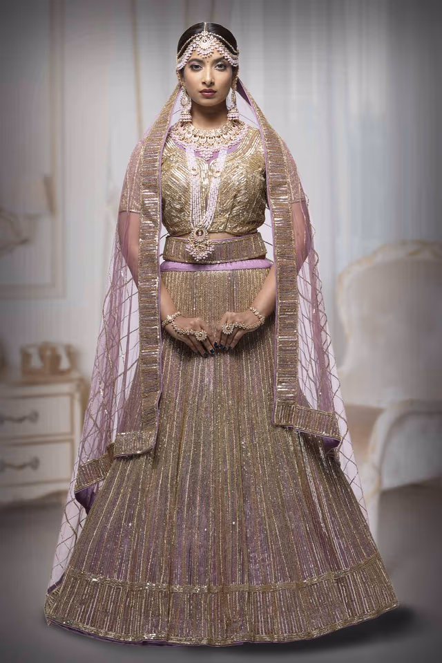 Lavender Designer Lehenga — back view, rent in Calicut