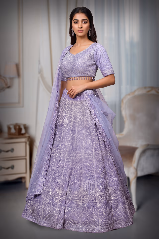 lavender shade wedding lehenga with stones,sequins and beads embroidery in geometrical patterns — back view, rent in Calicut