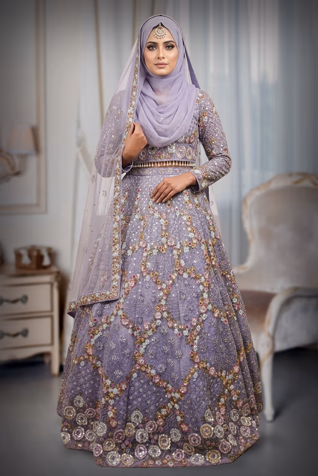 Lavender Lehenga Showcases Exquisite Floral Embroidery, A Captivating Blend Of Traditional… — back view, rent in Calicut