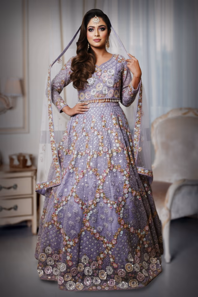 Lavender Lehenga Showcases Exquisite Floral Embroidery, A Captivating Blend Of Traditional… — back view, rent in Calicut
