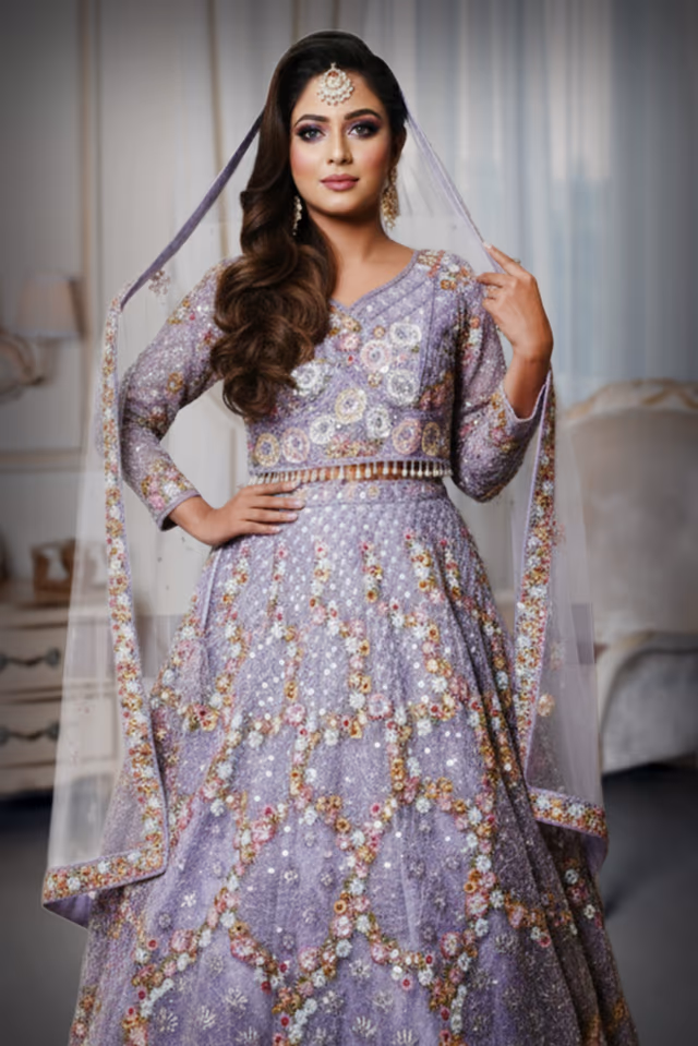 Lavender Lehenga Showcases Exquisite Floral Embroidery, A Captivating Blend Of Traditional Craftsmanship… — rent in Calicut