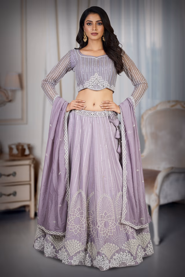 Lavender Silk Lehenga With Cut Dana Embroidery — back view, rent in Bangalore