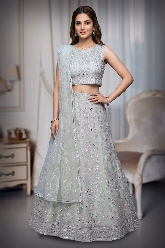 Lemon Yellow Net Lehenga With Threadwork And Stone Work Details And Same Colour Dupatta — back view, rent in Bangalore