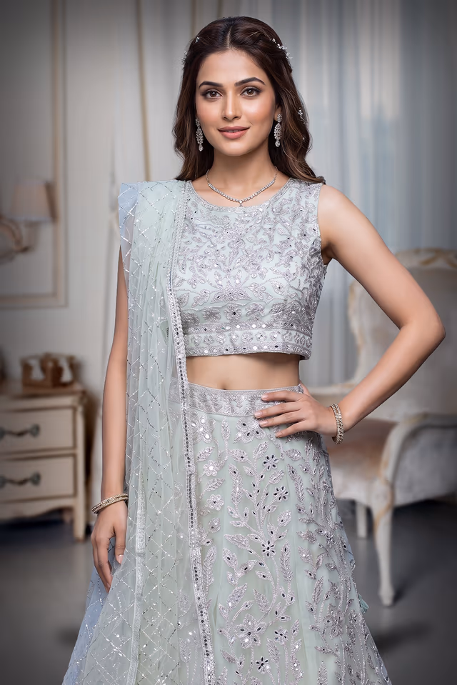 Lemon Yellow Net Lehenga With Threadwork And Stone Work Details And Same Colour Dupatta — rent in Bangalore