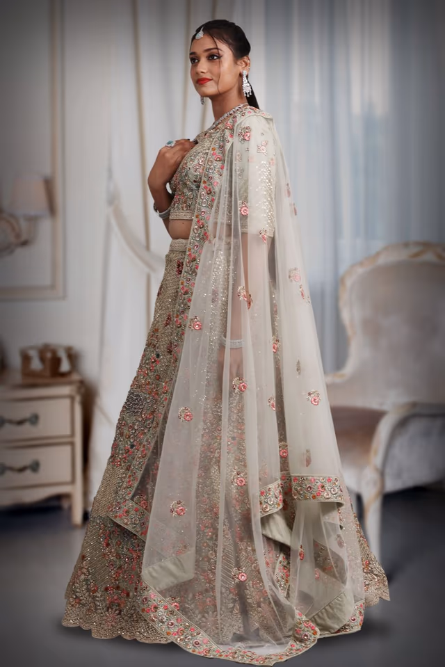 Light green sequins work lehenga — back view, rent in Coimbatore