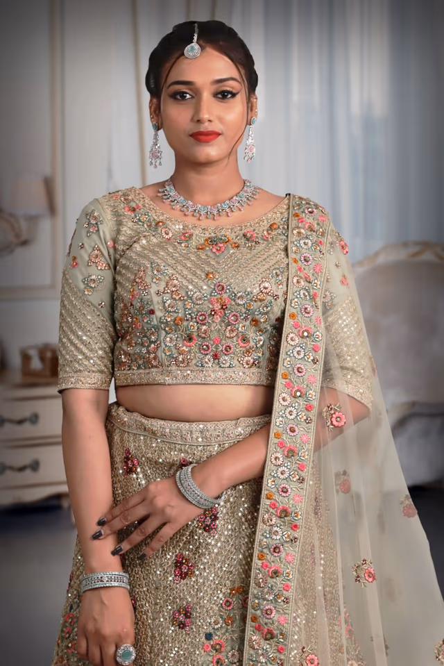 Light green sequins work lehenga — rent in Coimbatore