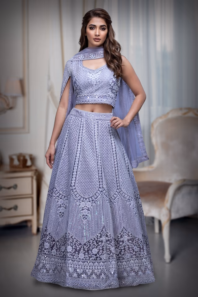 Light Lilac Heavy Stone Work Embellished Crop Top Lehenga With Same Colour Dupatta — back view, rent in Bangalore