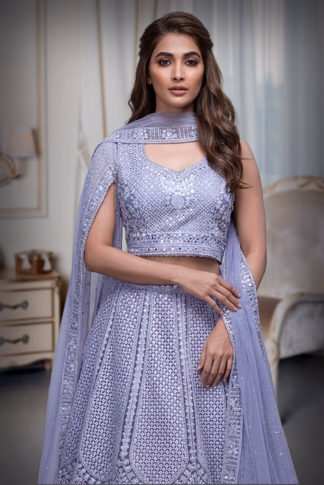Light Lilac Heavy Stone Work Embellished Crop Top Lehenga With Same Colour Dupatta — rent in Bangalore