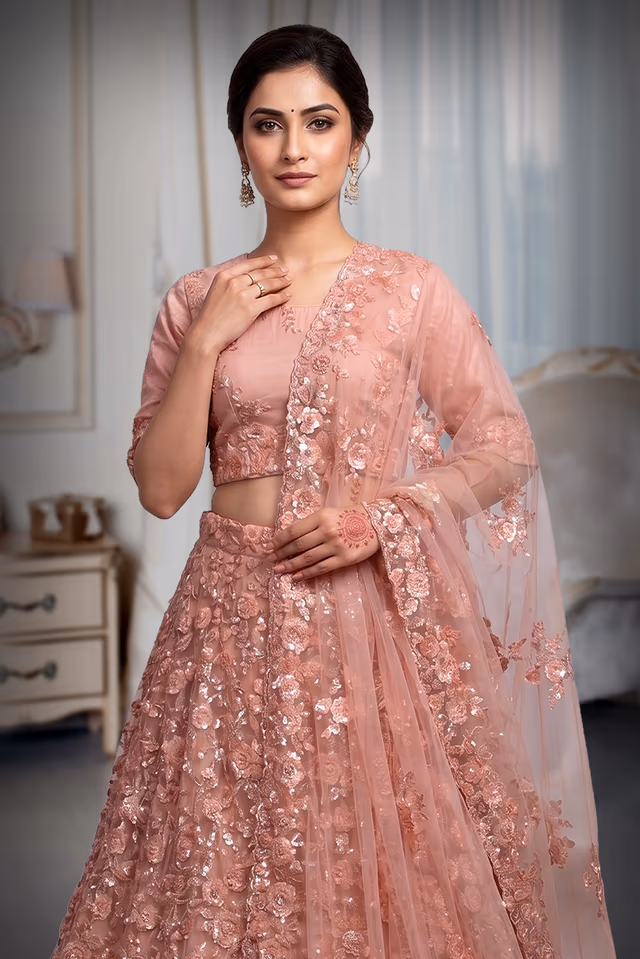 Light Pink Colour Heavy Threadwork Detailing In Floral Motif  Along With Detailed Dupatta And Blouse — rent in Calicut