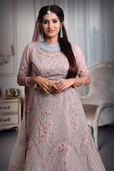 Light pink Embroidery jarkan work lehenga — rent in Coimbatore