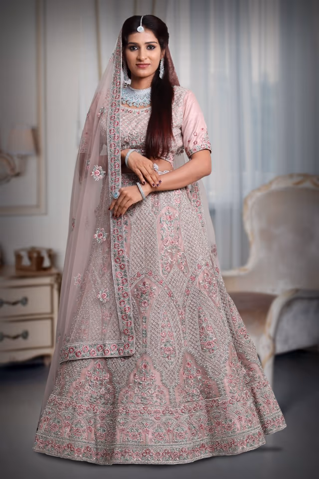 Light pink Embroidery jarkan work lehenga — back view, rent in Coimbatore