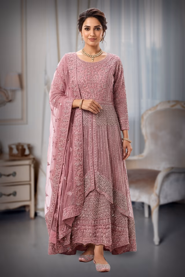 Light Pink Gharara Set With Detailed Silver Handcrafted Embroidery Work. — back view, rent in Calicut