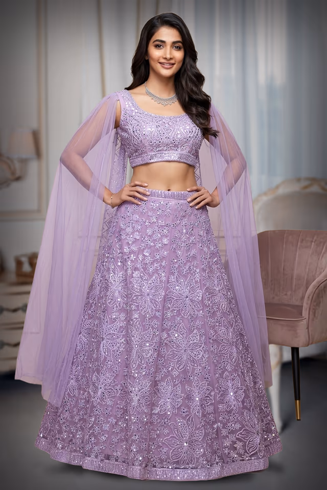 Light Pink Minimal Net Lehenga With Threadwork Details And Same Colour Dupatta — back view, rent in Bangalore