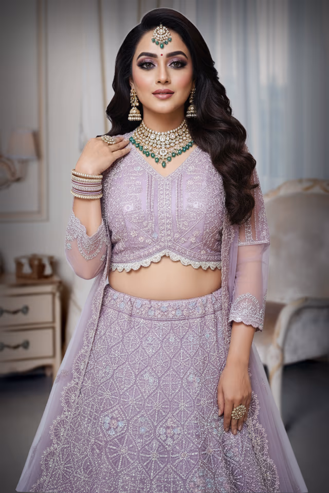 Lilac Lehenga with Intricate Cutwork and Stone Embellishments for Elegant Weddings and Celebrations — rent in Bangalore