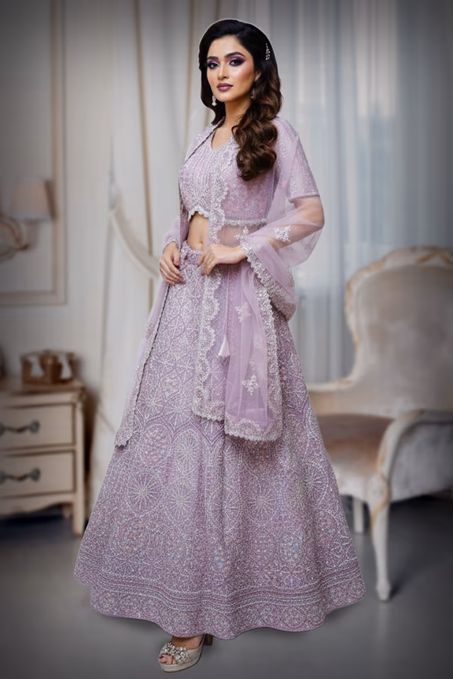 Lilac Lehenga with Intricate Cutwork and Stone Embellishments for Elegant Weddings and… — back view, rent in Bangalore