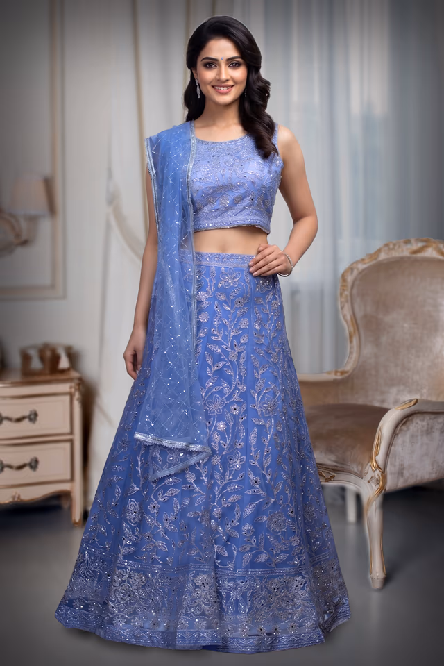 Lilac Net Lehenga With Threadwork And Stone Work Details And Same Colour Dupatta — back view, rent in Bangalore