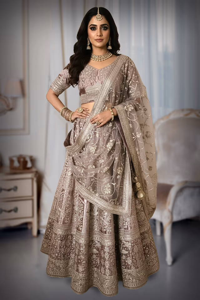 Lilac Ombre Lehenga with Delicate Silver Embroidery for Elegant Modern Celebrations — back view, rent in Bangalore