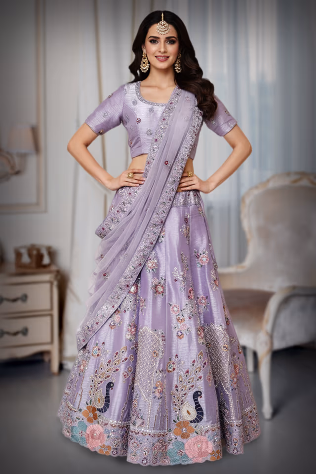 Lilac peacock lehenga in chiffon fabric — back view, rent in Bangalore