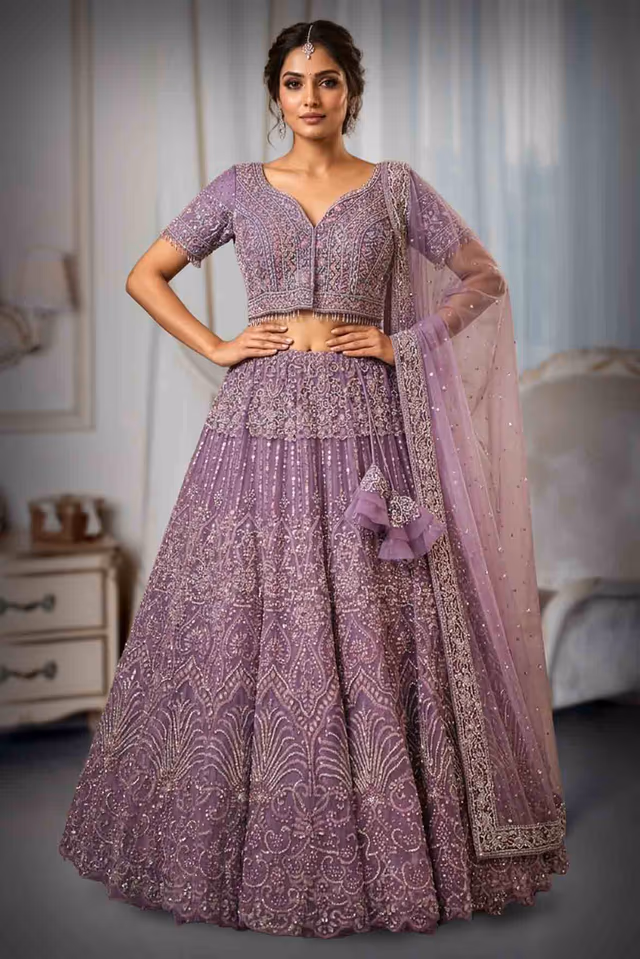 Lilac Stone Work Lehenga with Leaf Pattern Blouse and Sequin Skirt Details — back view, rent in Bangalore