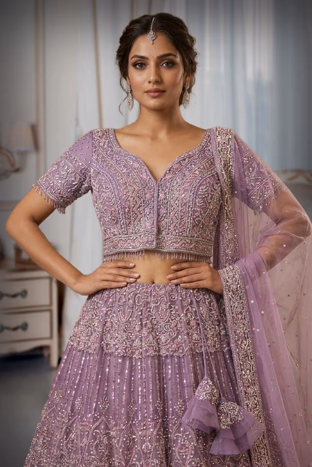 Lilac Stone Work Lehenga with Leaf Pattern Blouse and Sequin Skirt Details — rent in Bangalore