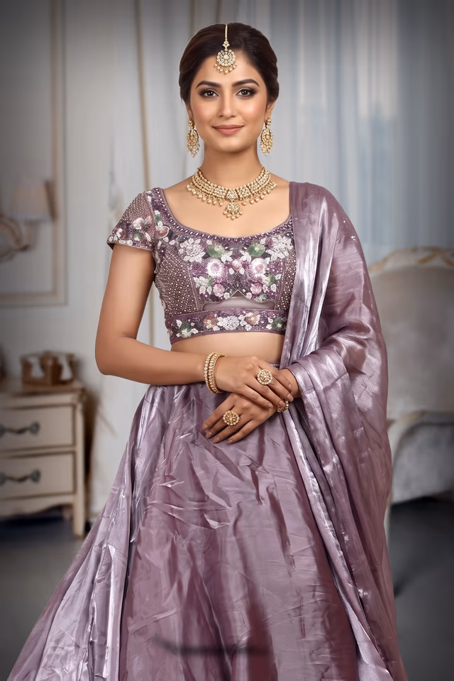 Lilac Tissue Silk Lehenga With Heavy Stone Worked Blouse , Plain Skirt And Ruffle Dupatta — rent in Coimbatore