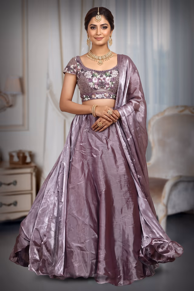 Lilac Tissue Silk Lehenga With Heavy Stone Worked Blouse , Plain Skirt And Ruffle Dupatta — back view, rent in Coimbatore